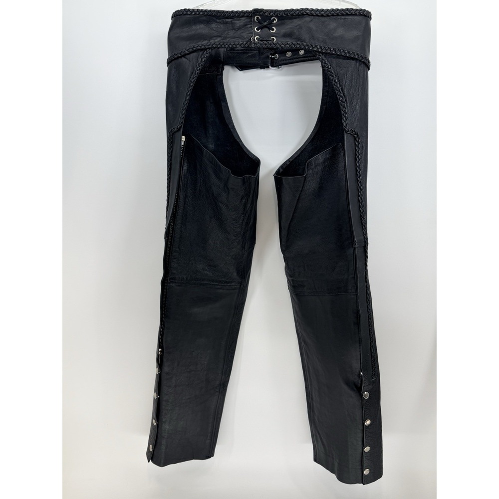 Vintage American Leather Black Motorcycle Chaps Side Zippers Snaps Lace Small